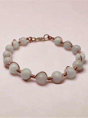 Handmade Rose Quartz Gemstone Beaded Bracelet with Copper Wire Wrap